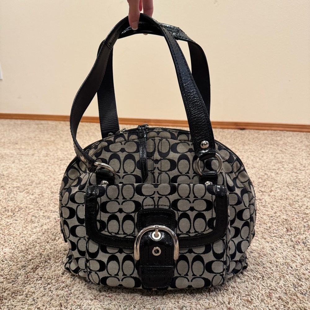 Coach Signature Stripe Dome Satchel F13119 Black Khaki Canvas Hobo Carryall Y2K